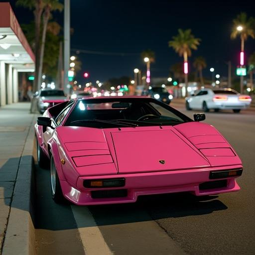 Aesthetic realistic image of a pink Lamborghini Aventador at night parked on a city street. Detailed features of the car showcased in urban environment with bright lighting.