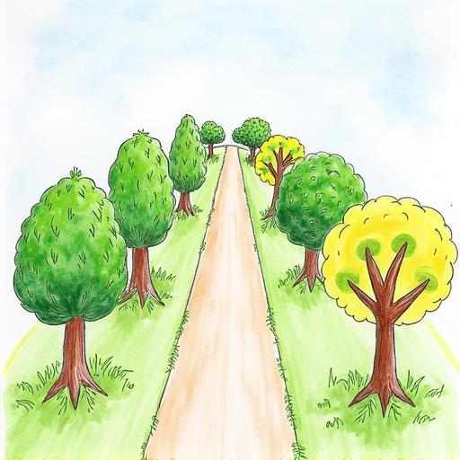 Children's drawing depicting a pathway with various bushes and trees surrounding it.