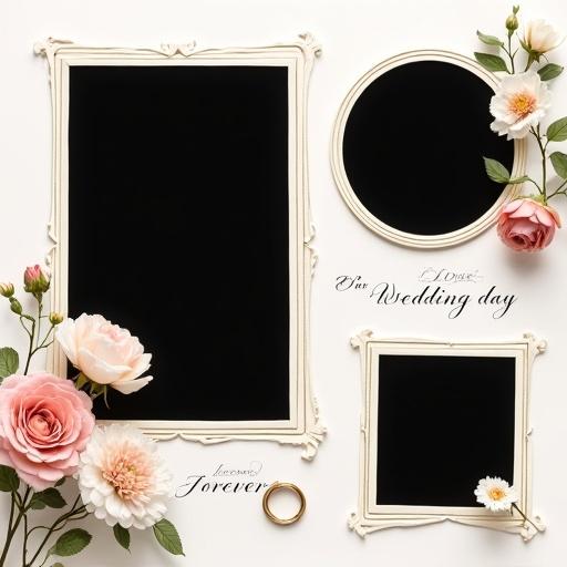 Square wedding photo collage with three decorative blank photo frames. Large vertical black frame centered slightly left. Black circular frame at top right. Small horizontal black frame at lower right. Elegant borders with gold lining and ivory edges. Beautiful bouquet illustrations of roses and white peonies. Minimalistic ring drawings near frame corners. Soft white or pale pink background with clean space. Delicate handwritten text like "Forever", "Love", and "Our wedding day" integrated as decoration.