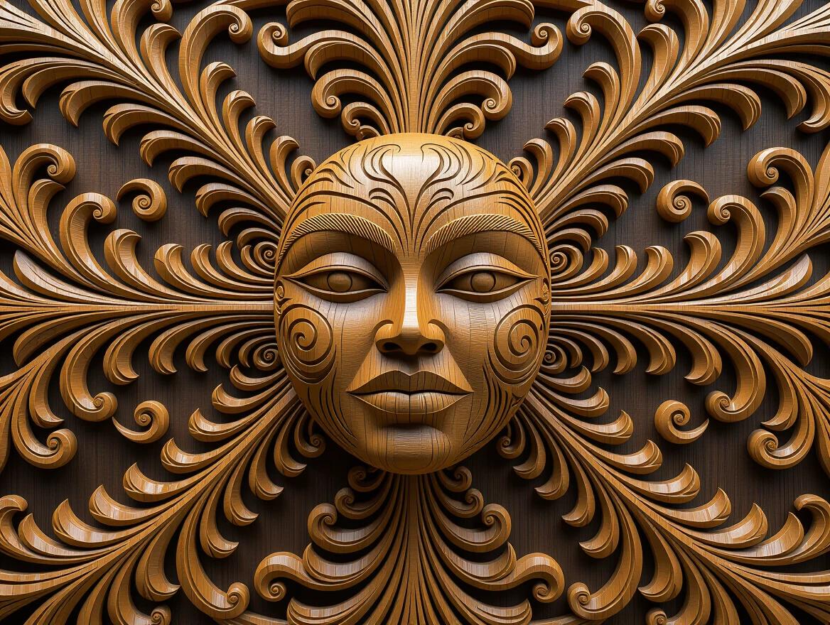 Art features intricate carved wood patterns against a dark background. Golden highlights accentuate the wood grain. A symmetrical design draws the eye to the center. Erotic elements suggested through the artistry without explicit imagery.