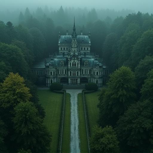 Monumental historic mansion hidden within dense ancient forest. Enclosed by moss-covered stone wall. Narrow road cuts through woods leading to estate. Mysterious atmospheric scene with moody diffused lighting and dark cinematic tone. Captured from high altitude in vertical bird's-eye view. Extreme wide-angle aerial drone shot. Ultra high-definition with hyper-realistic details and dramatic composition. Gothic architecture with dark fantasy atmosphere.