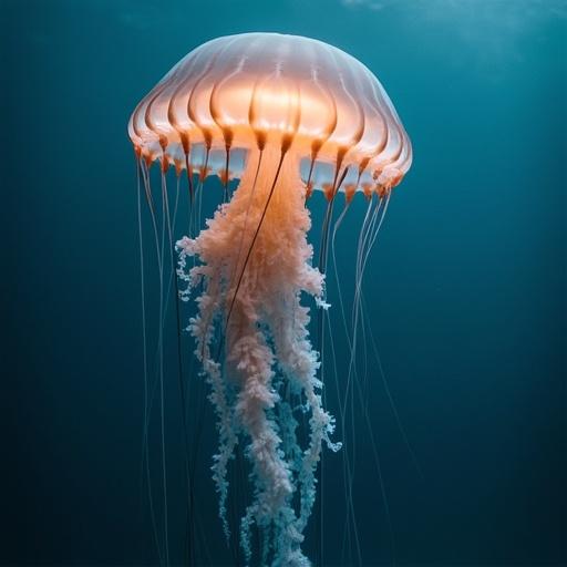 A jellyfish is shown in the top right corner with delicate tentacles flowing down. The background is a serene ocean blue. No dogs are present in the image.