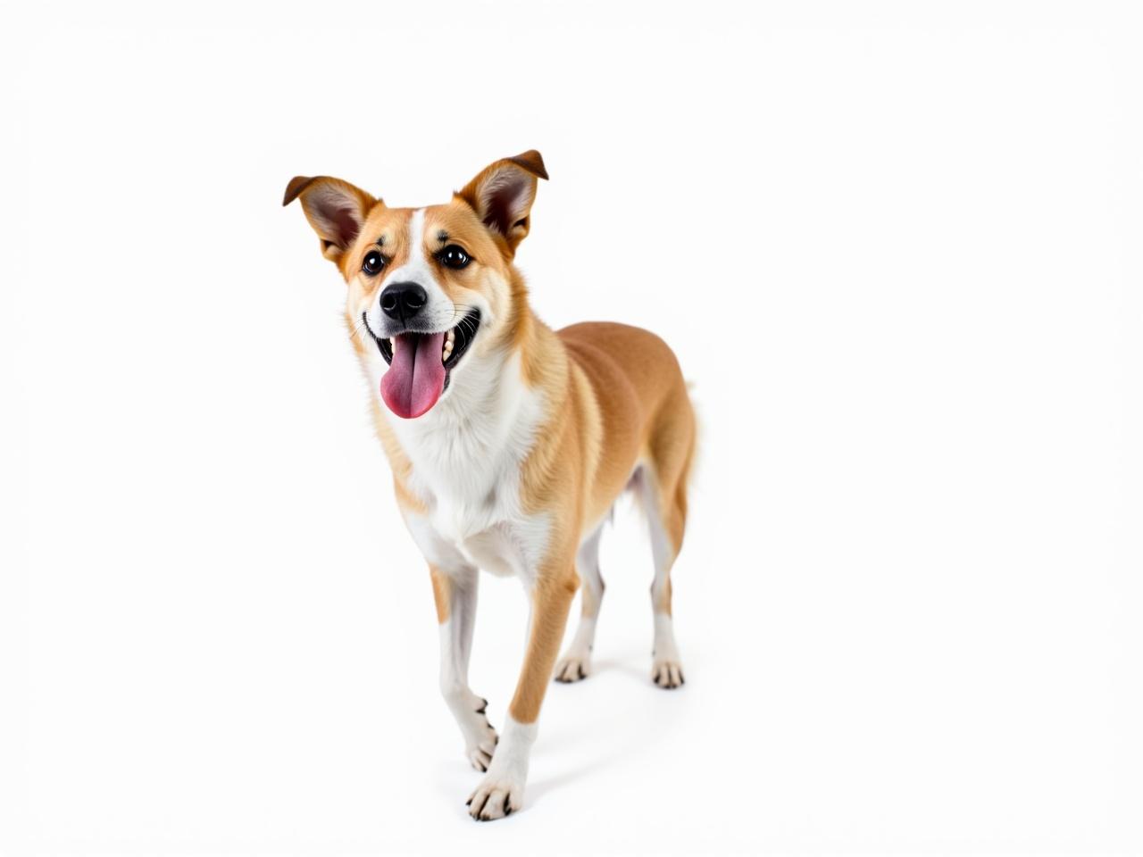 The image shows a happy dog standing and looking at the camera. It has a light brown coat with white patches on its face and chest. Its ears are perked up, and its tongue is out, indicating it's panting or excited. The dog is standing on a white background, making it the main focus of the image. It seems to have a playful and friendly demeanor.