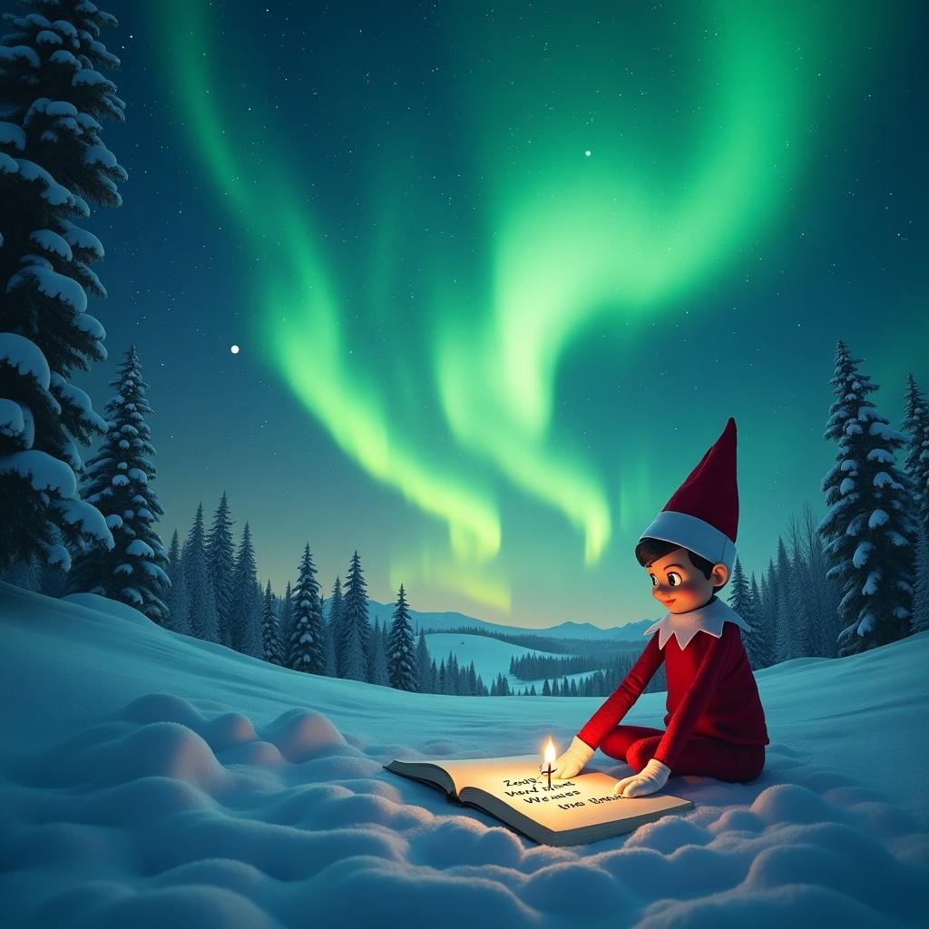 An elf on the shelf sits in a snowy landscape, writing a message in a large book under a dazzling display of northern lights. The sky is a brilliant mix of greens and blues, illuminating the serene winter scene. The elf is dressed in a classic red outfit with a pointed hat, adding a festive touch. Around the elf, snow-covered trees stand tall, creating a magical atmosphere. The scene captures the essence of Christmas spirit, inviting viewers to join in the holiday joy.