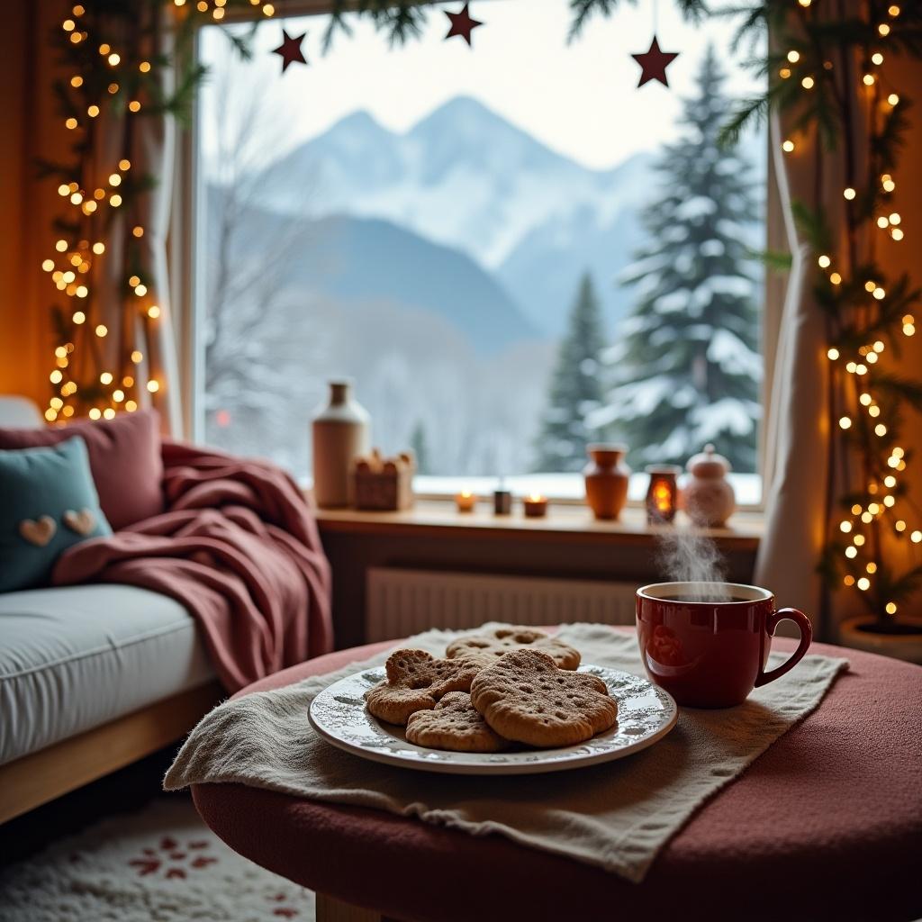 This image depicts a cozy winter scene in a warm, inviting living room. A table is adorned with homemade cookies and a steaming cup of tea, alongside soft blankets and seasonal decorations. Large windows reveal a picturesque snowy landscape with mountains in the background. Fairy lights and soft ornaments create a festive ambiance within the home. The overall setting invites feelings of warmth, comfort, and holiday cheer, perfect for relaxing after a day of winter activities.