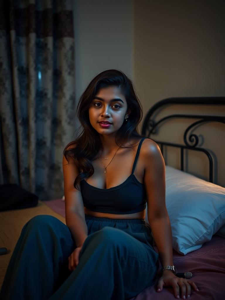 A woman in a relaxed pose sits on a bed in a warmly lit room.