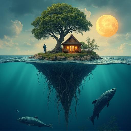 Cylindrical section of earth and water. Above water, a small island with a large tree and a lit cabin. Characters, a canoe, a full moon, a heron. Below water, a large fish and tree roots.