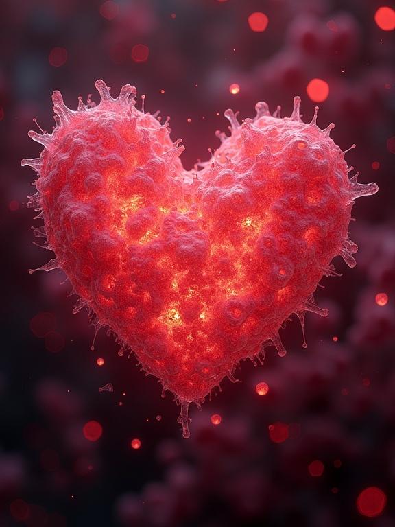 Heart shape with a textured surface resembling organic material. Glowing effect in red colors. Background has abstract bokeh. Illustrates blood and iron visualization. 