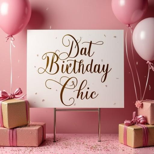 Yard sign displayed for a birthday celebration. Colors including pink, gold, and silver. Text reads 'Dat Birthday Chic.' Features balloons, confetti, and gift boxes with ribbons.