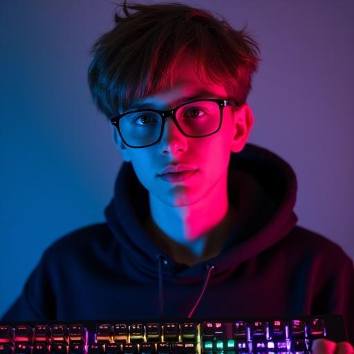 A teenage boy with light brown hair and glasses is holding a mechanical keyboard featuring RGB lights. The background has a gradient of colors, enhancing the tech vibe.