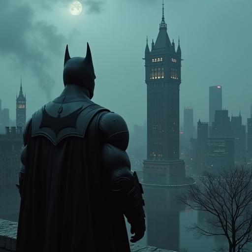 Batman stands on a tower overlooking Arkham City. The scene is dark and moody. Batman smokes while observing the city below. Smoke forms the text Arkham Night. Tower features gothic design with a powerful presence.