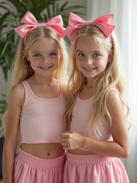 Two girls stand in a living room. They wear pink tops and skirts. They have long blonde hair styled with pink bows. They smile at the camera. The scene is bright and inviting.