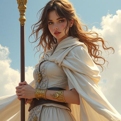 Imagine a girl with a spear. Anime art style with photo-realistic techniques. Brown hair with blonde tips. She wears a white robe as armor. A golden tattoo on her leg. Fluid brushwork and vibrant colors.
