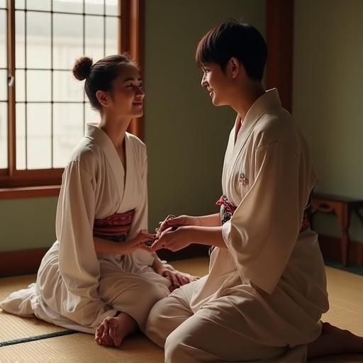 Hyper realistic photo shot in traditional Japanese ryokan room. Beautiful female wearing elegant yukata pouring sake for protagonist off-screen while looking up with a confident smile.