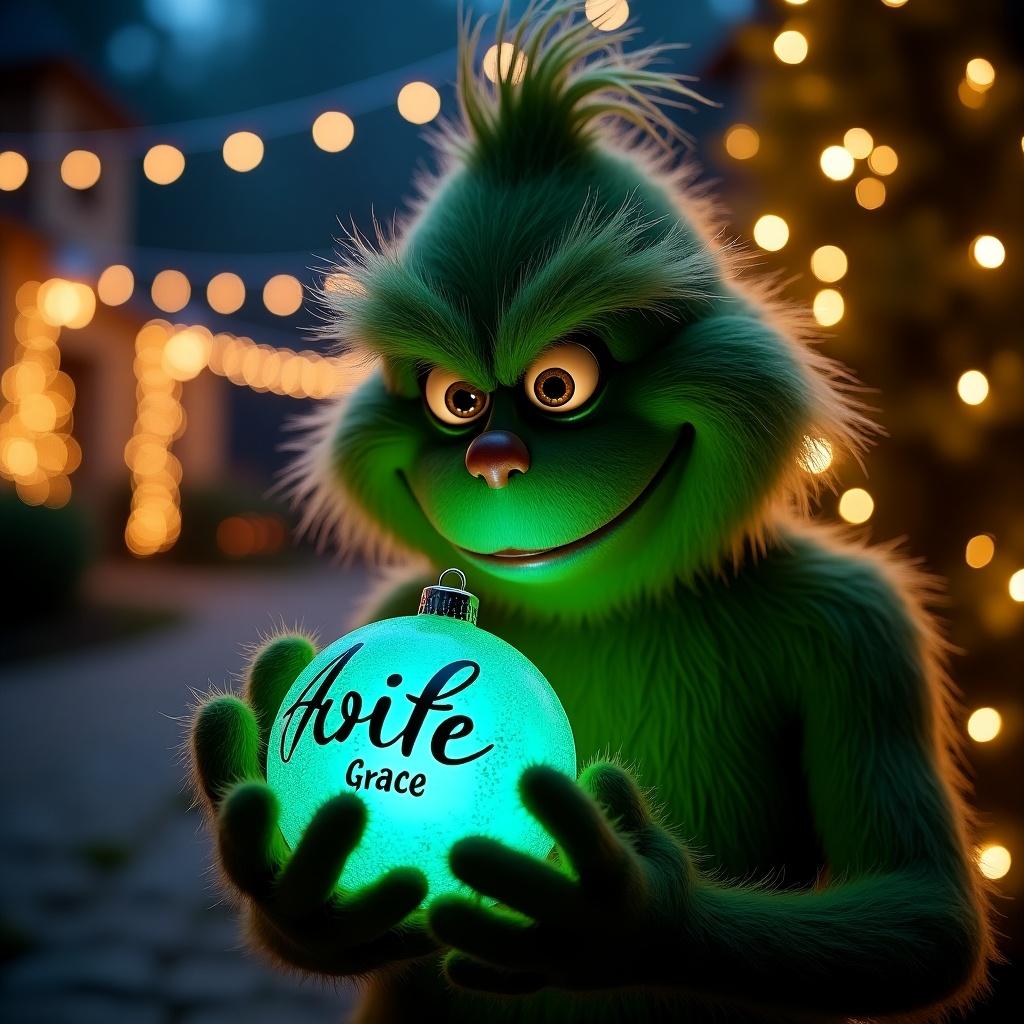 Night garden scene featuring the Grinch. Grinch holds a teal glowing Christmas bauble. Bauble marked with Aoife-Grace in elegant script. Surrounded by twinkling lights for a magical atmosphere.