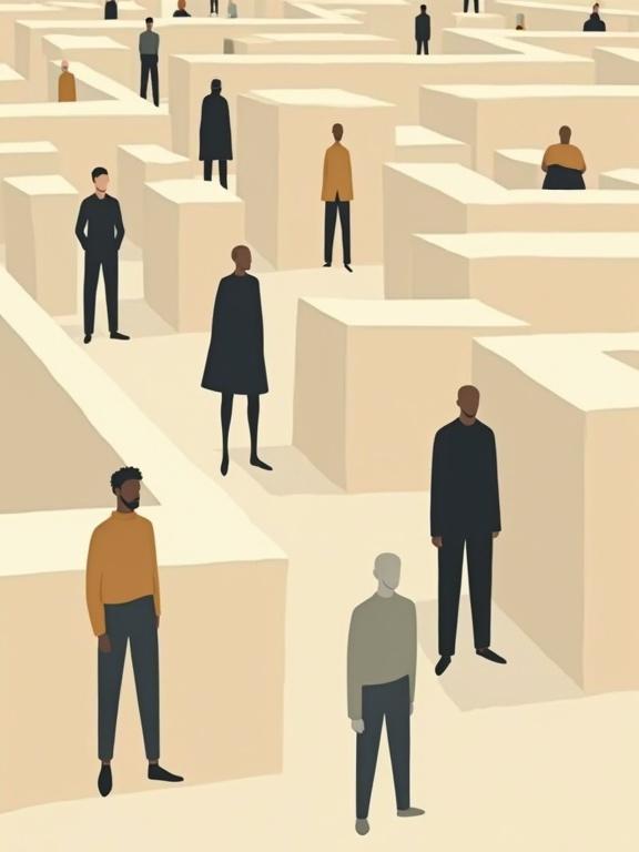 Minimalist flat vector illustration of diverse faceless humans navigating a maze. Characters display exaggerated body types with long limbs and small heads. Clothing is neutral and everyday. Clean shapes and flat colors create a playful atmosphere.