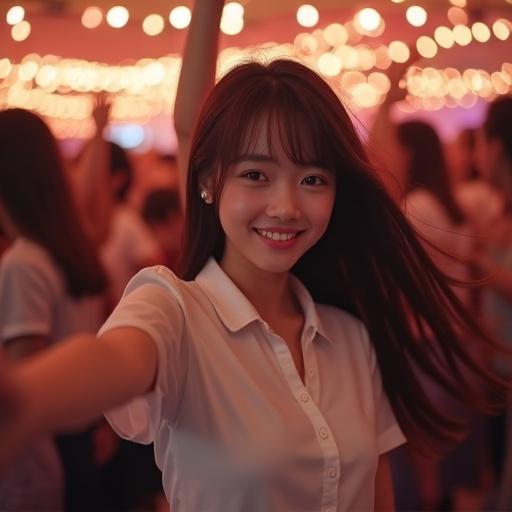 Asian girl with brown hair in a white collared shirt. She is smiling and looking at the viewer. Her arm is raised as she dances in a crowd. Background shows multiple girls with long hair illuminated by warm lights. The atmosphere is festive and lively.