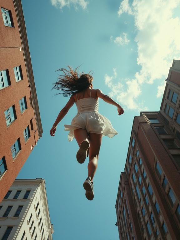 An extreme god's eye perspective shows a woman leaping off a tall building. The scene captures dynamic and fluid motion. The background features tall buildings and a blue sky with clouds.