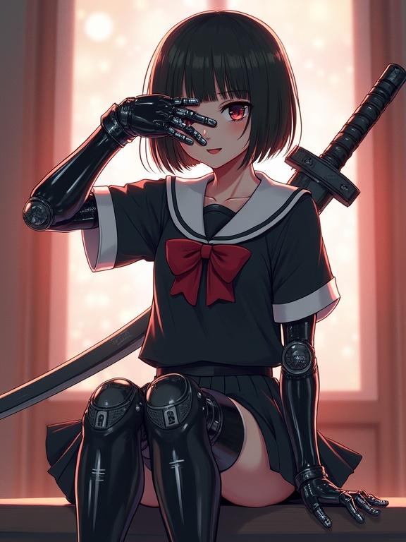 Detailed digital illustration of an anime girl character seated with cybernetic arms and legs. She has short hair with bangs and is wearing a sailor school uniform with a red bow. The setting features soft cinematic lighting and a katana held in front of her face.