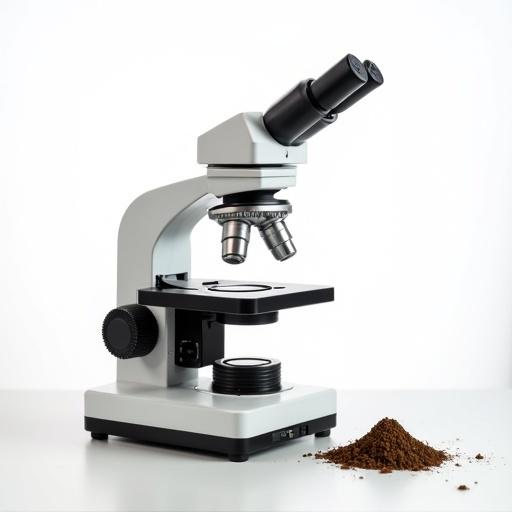 Full size microscope on a white table. Investigating a soil sample. Bright white background. Equipment focused. Soil pile beside microscope.