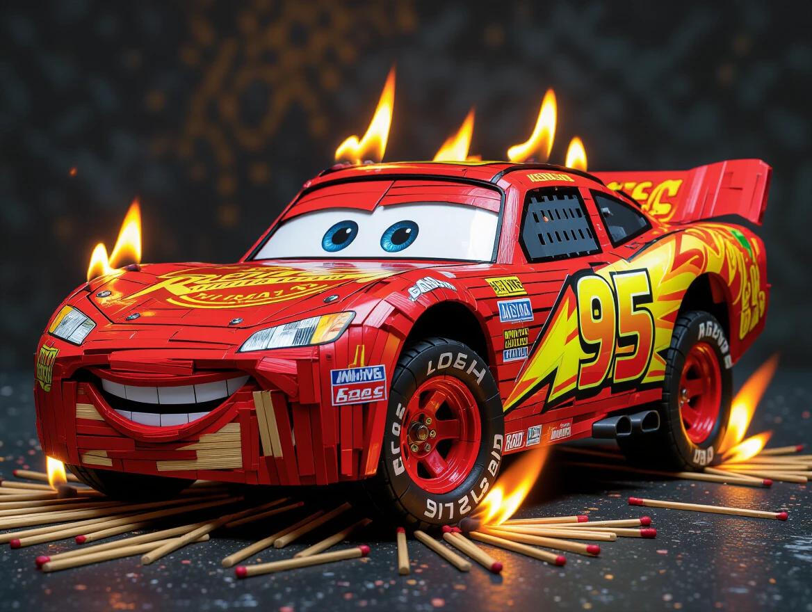 A detailed sculpture of a racecar created using wooden sticks and twigs. The sculpture resembles Lightning McQueen with a smiling face and racing features. The tires are made from woven stick patterns. Matches ignite around the car. Crafted for realism in folk-art style. Close-up focus captures textures and vibrant colors. Features painted wood accents resembling racing decals. Natural light captures the artwork beautifully.