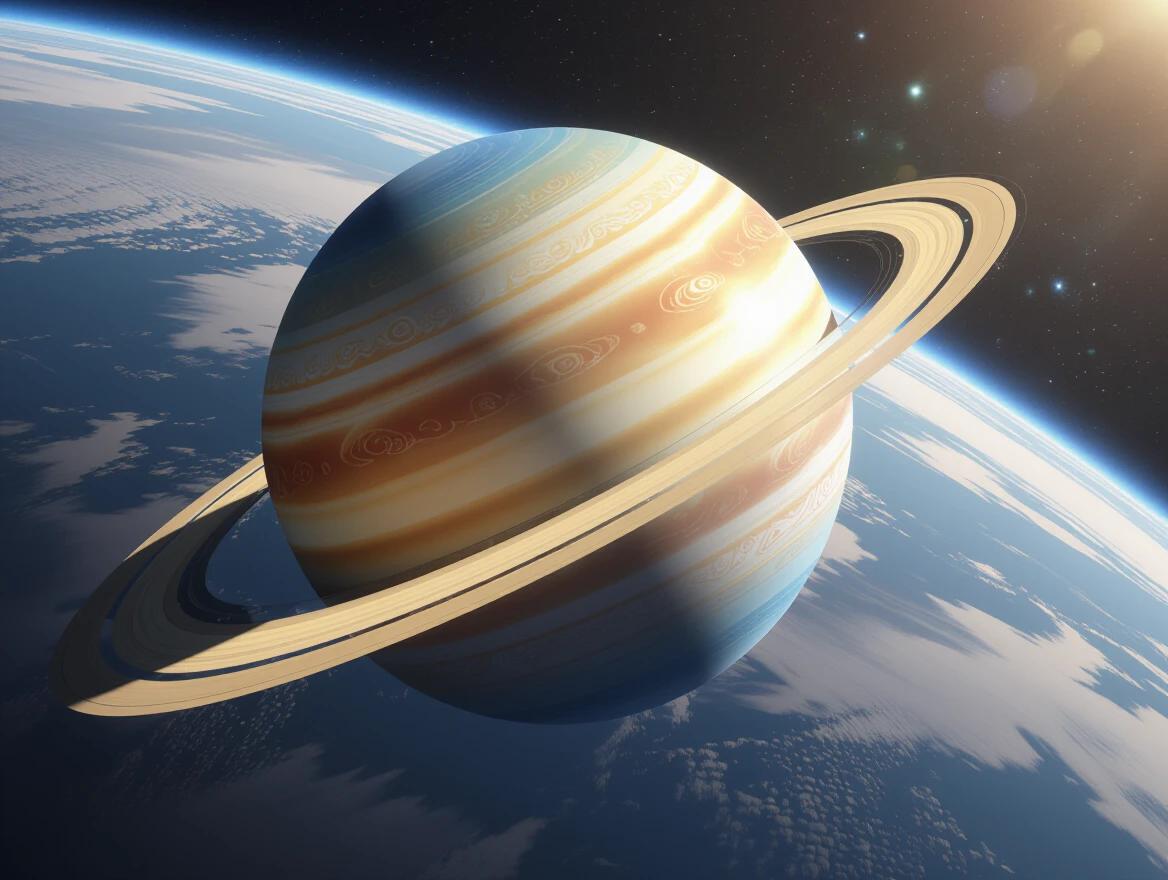 Image of Saturn in space. Realistic style. Detailed appearance of rings and atmosphere. Bright sunlight over planet.