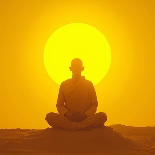 Bright yellow image of a mystic monk meditating under a yellow sun.