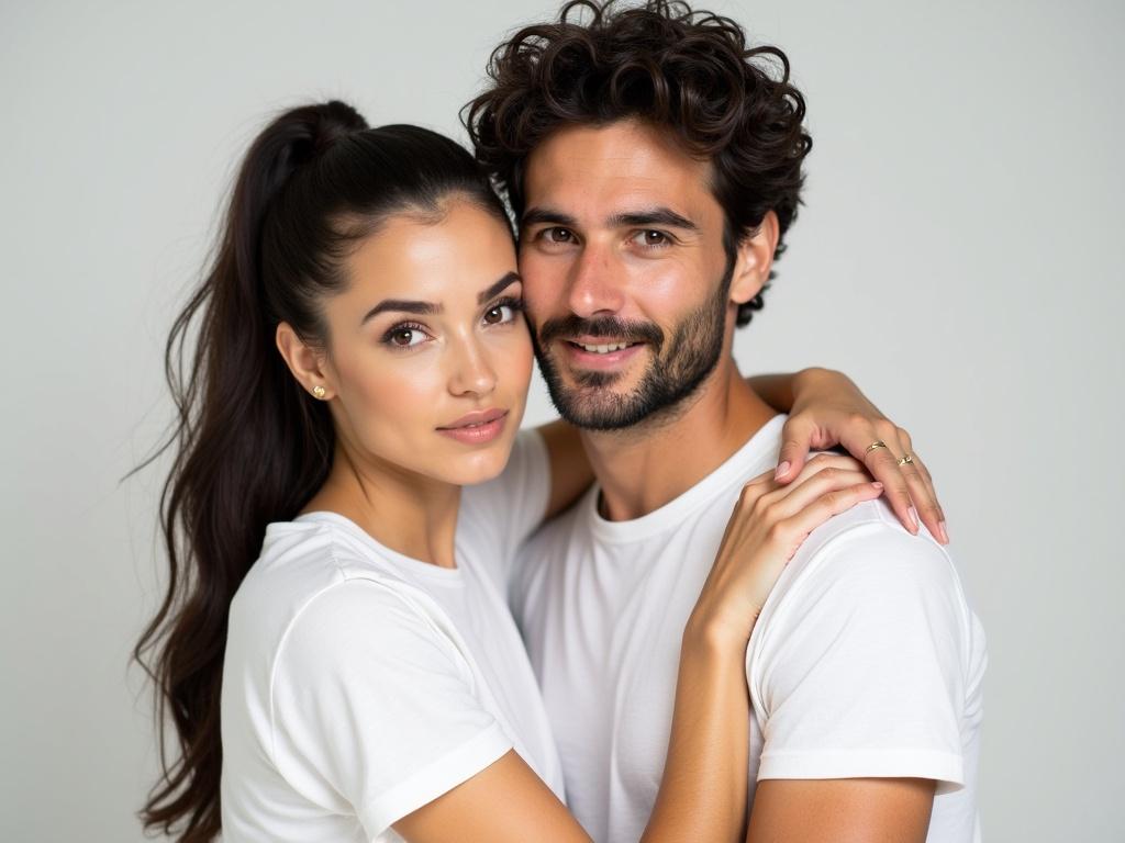 The image features a woman and a man, both wearing white t-shirts, closely embracing each other. The woman has long dark hair styled into a ponytail, light skin, and a neutral expression. The man has curly dark hair, a lightly bearded face, and a warm demeanor. They are positioned in the center of the image, with the woman's face slightly turned towards the camera, showcasing her light makeup. Soft, even lighting enhances their features against a simple, light background that emphasizes their connection. Notable details include the man's expressive eyes and the woman's subtle jewelry.