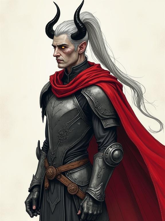 A tall male tiefling paladin with ash-gray skin and glowing amber eyes. He has long silver hair in a high ponytail and black horns curved backward. His face is stern with scars on cheekbones. Wearing detailed plate armor with infernal engravings and a crimson cloak. In a duelist stance. Visible pencil strokes and ink shading. Traditional media texture with paper grain. Stylized 2.5D semi-isometric composition.