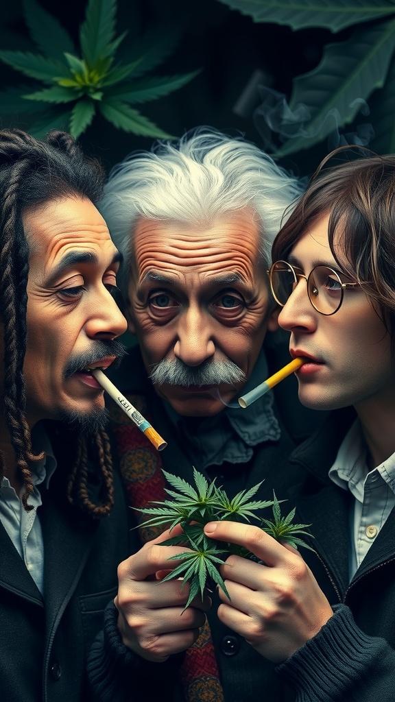 Three people with intriguing styles are gathered around a cannabis plant, smoking and seemingly engaged in a thoughtful conversation.