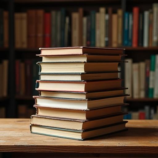Stack of books with rear covers visible. Books are arranged on a wooden table. Background displays a blurred library full of books.