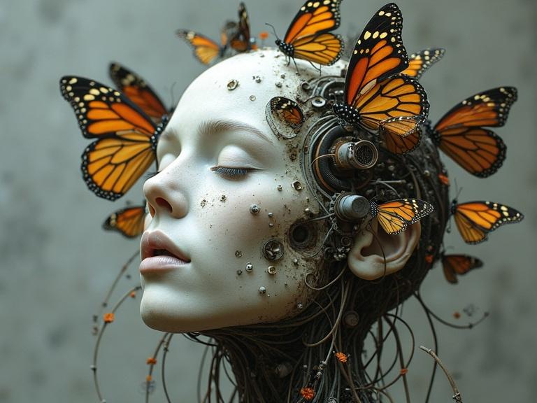 Intricate details with wires, tubes, small devices embedded in a face. Colourful butterflies perched on and around the head. Background is muted grey, enhancing eerie fusion of technology and nature.