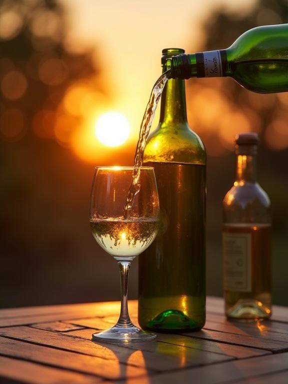 Close up shot of a green bottle pouring white wine into a glass. Outdoor table setting at sunset with warm lighting. High detail image with another bottle visible.