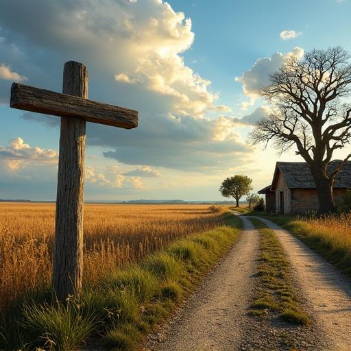 A serene countryside landscape features a weathered roadside cross rustic houses and a picturesque field that stretches towards ancient trees with gnarled branches set against a breathtakingly beautiful sky with vibrant clouds