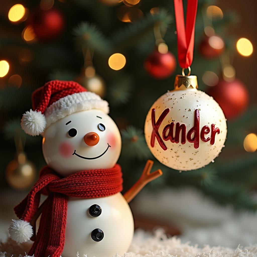 Christmas-themed image showcases a snowman with a red hat and scarf next to a Christmas ornament. The ornament has the name Xander written in red. Soft lighting enhances the festive atmosphere.