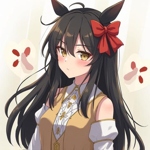 Anime girl with cat ears in a cute outfit. Long black hair with a red bow. Soft facial features and warm expression.