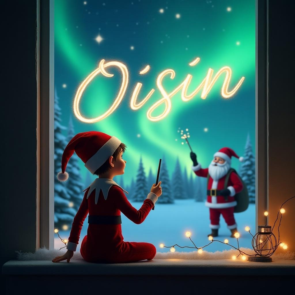 Elf on the shelf sitting with back facing the image. Elf holds a wand writing Oisin in the sky. Magical Christmas background features northern lights and Santa Claus.