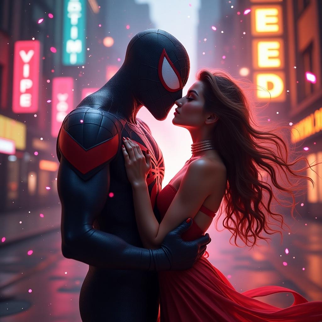 Dynamic YouTube thumbnail featuring superhero and romance. Include vibrant colors with glowing effects. Hero and girl face off against Venom. Use bold text with high contrast for emphasis. Ensure cinematic polish and sharpness.