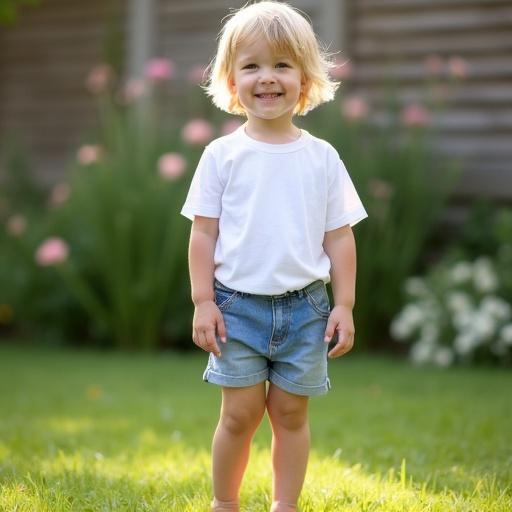 Girl standing barefoot in a backyard. Wearing white t-shirt and blue denim shorts. Surrounded by flowers. Natural light. Smiling and looking at the camera.