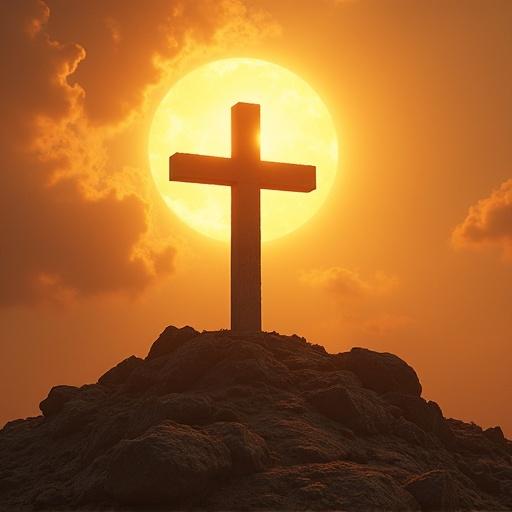 A white dove facing forward on top of a cross with a sunny background and sunlight shining on the dove and the cross