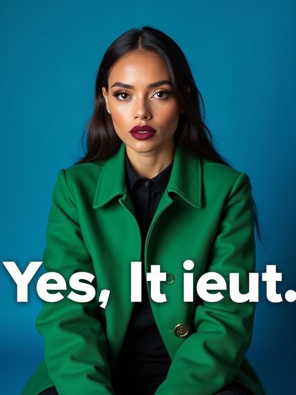 Portrait photograph of a woman against a blue background. She wears a green coat. She has dramatic makeup with winged eyeliner and burgundy lips. Text overlay at the bottom. Minimalist composition with focus on her gaze.