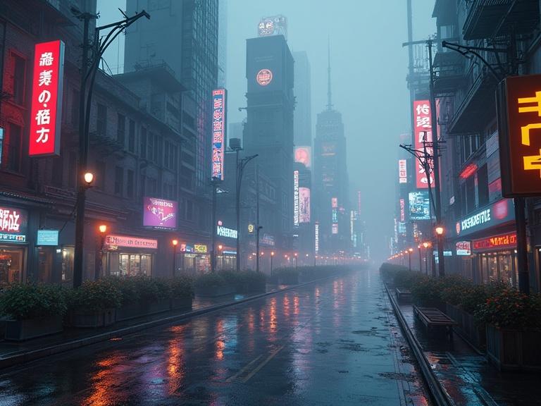 Concept art depicting a futuristic city with cyberpunk elements. Streets lined with neon signs and buildings. Shrouded in fog and rain. Focus on vibrant colors and reflective surfaces. Urban environment with an atmosphere of mystery.