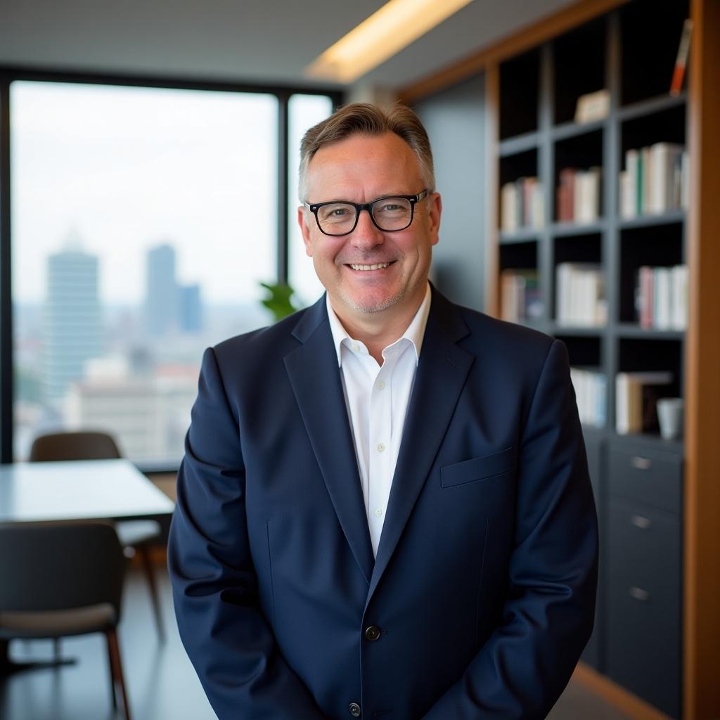 Professional individual in a business suit standing in an office setting. Modern office background with shelves and a city view.