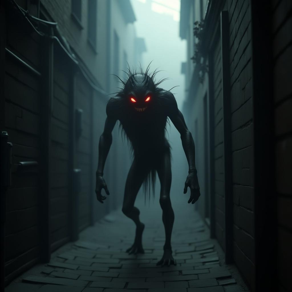 Scary non-humanoid creature in a dimly lit urban alley. The creature stands mid-distance. Glowing red eyes contrast with darkness. Fog enhances the eerie atmosphere. Narrow alley lined with rustic buildings. Mood is tense and foreboding.