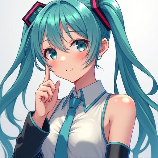 Anime style illustration of a character with turquoise hair. Character wearing a shirt and tie. Bright colors and beautiful skin. Youthful appearance and beautiful expressive face. Delicate features and well-defined limbs.