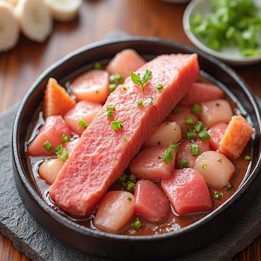 A culinary dish featuring pink meat and assorted vegetables. The dish is served in a round pot on a wooden table. Green onions and other toppings decorate the dish. Natural light highlights the colors and textures of the food.