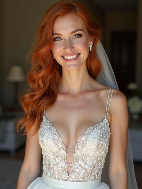 Bride in a wedding dress smiling. Flirty and sultry look. Redhair styled in loose waves.