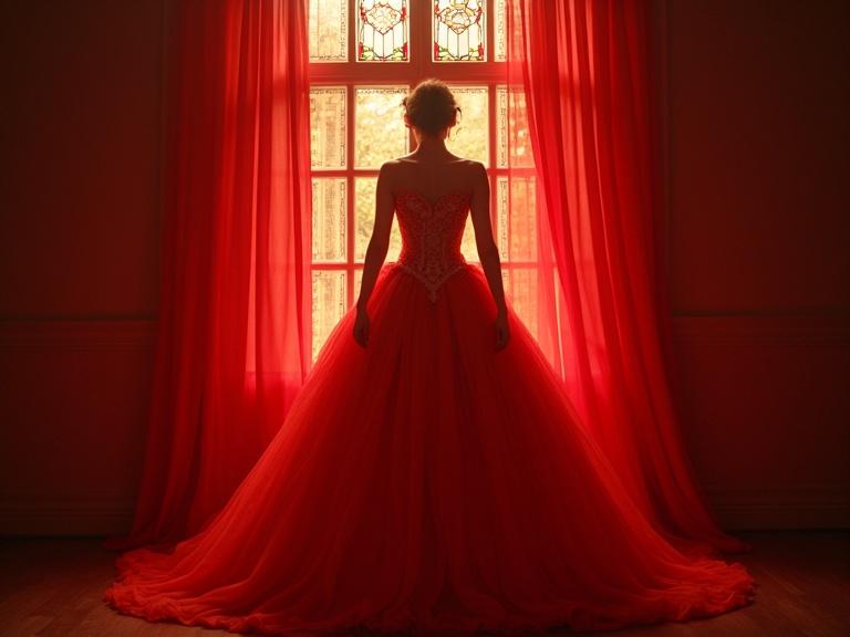 Silhouette figure wearing a gown in front of a large window. Stained glass effect with crimson curtains. Dramatic lighting creates shadows and highlights.