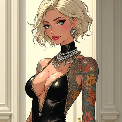 Anime style illustration featuring a 67 year old woman with emerald green eyes and short curly light blonde hair. Wearing luxurious light pink diamond jewelry. Depicts a futuristic high-tech aesthetic. Female character is half Japanese and half Saiyan with a fit body, muscular arms and visible abdominal muscles. The character showcases colorful and traditional Japanese tattoos. Model poses for a high fashion magazine cover in an edgy outfit. The overall look combines elegance with vibrant elements, emphasizing beauty and confidence.