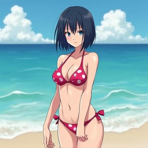 female character inspired by Narutos Sasuke at a beach wearing a polka-dotted swimsuit with short straight hair in a cute pose